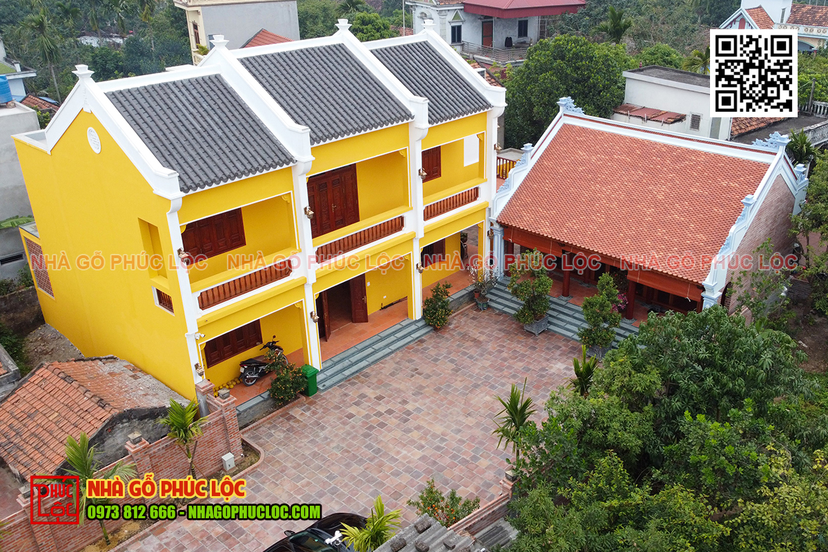 Nhà gỗ gõ đỏ 3 gian kết hợp nhà ngang phong cách phố cổ Hội An tại Khoái Châu – Hưng Yên