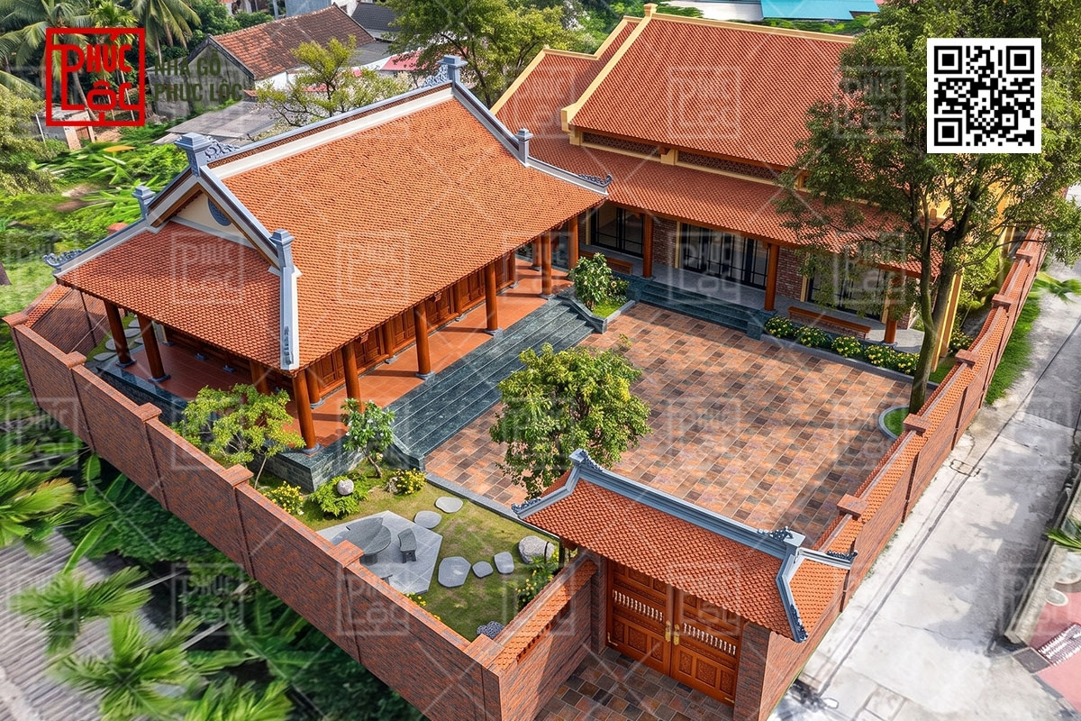 Mẫu thiết kế nhà gỗ 3 gian 4 mái kết hợp nhà ngang giả cổ